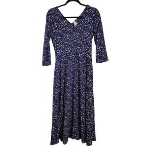 Pact Organic VNeck VBack Fit Flare Midi Party Dress M Navy Blue Speckle Pockets